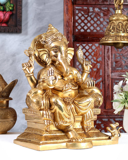 Brass Raja Ganesha on Throne Idol – Royal Handcrafted Lord Ganesha Sculpture (12 Inches)
