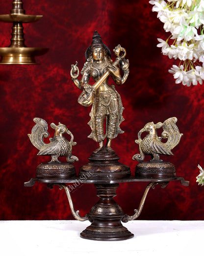 Brass Saraswati with Two Swans — Unique Statue 14.5 inch dual tone