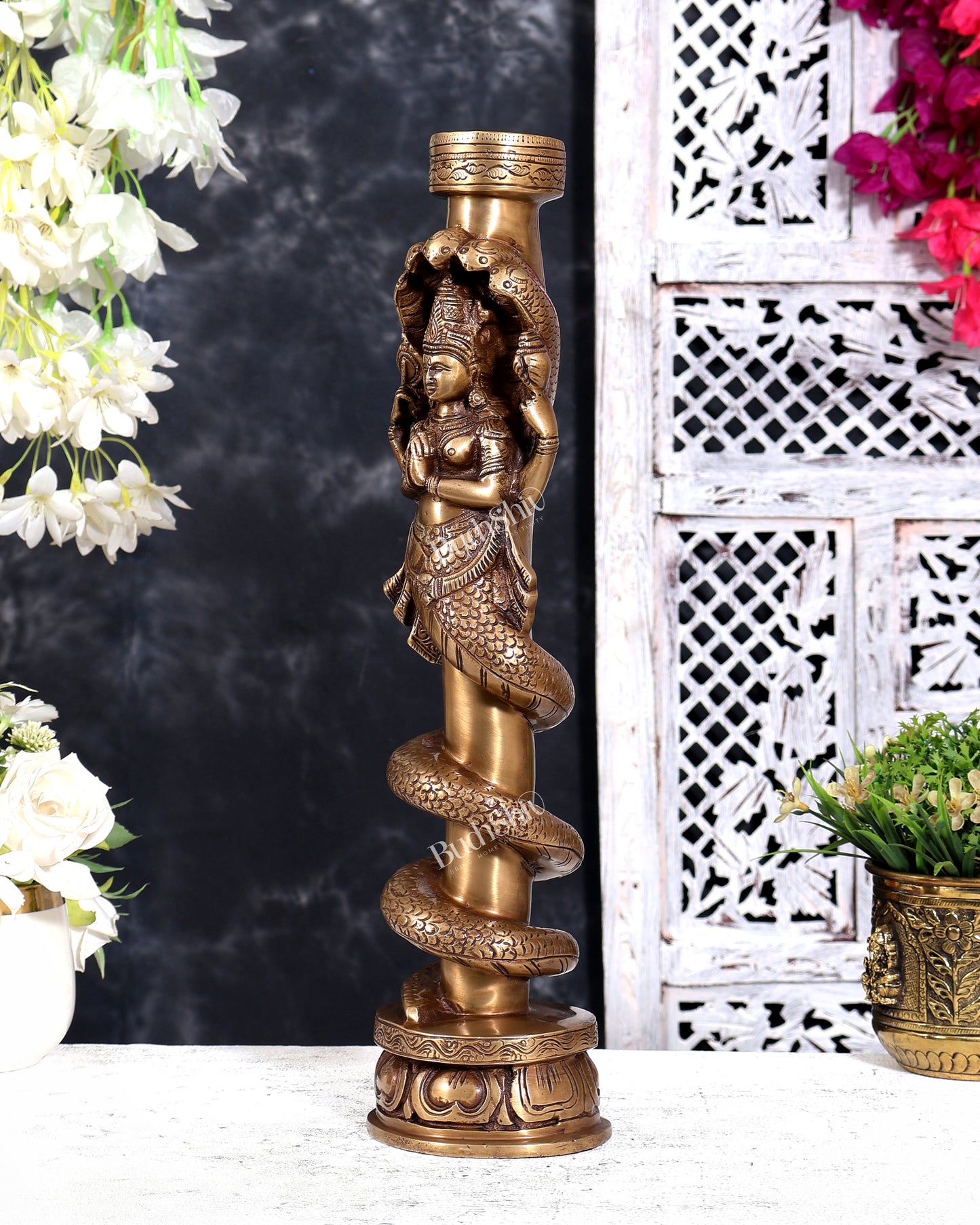 Brass Large Naga Kanya Candle Holder / Candle Stand (Vintage Burnt Brass Tone) 16 inch