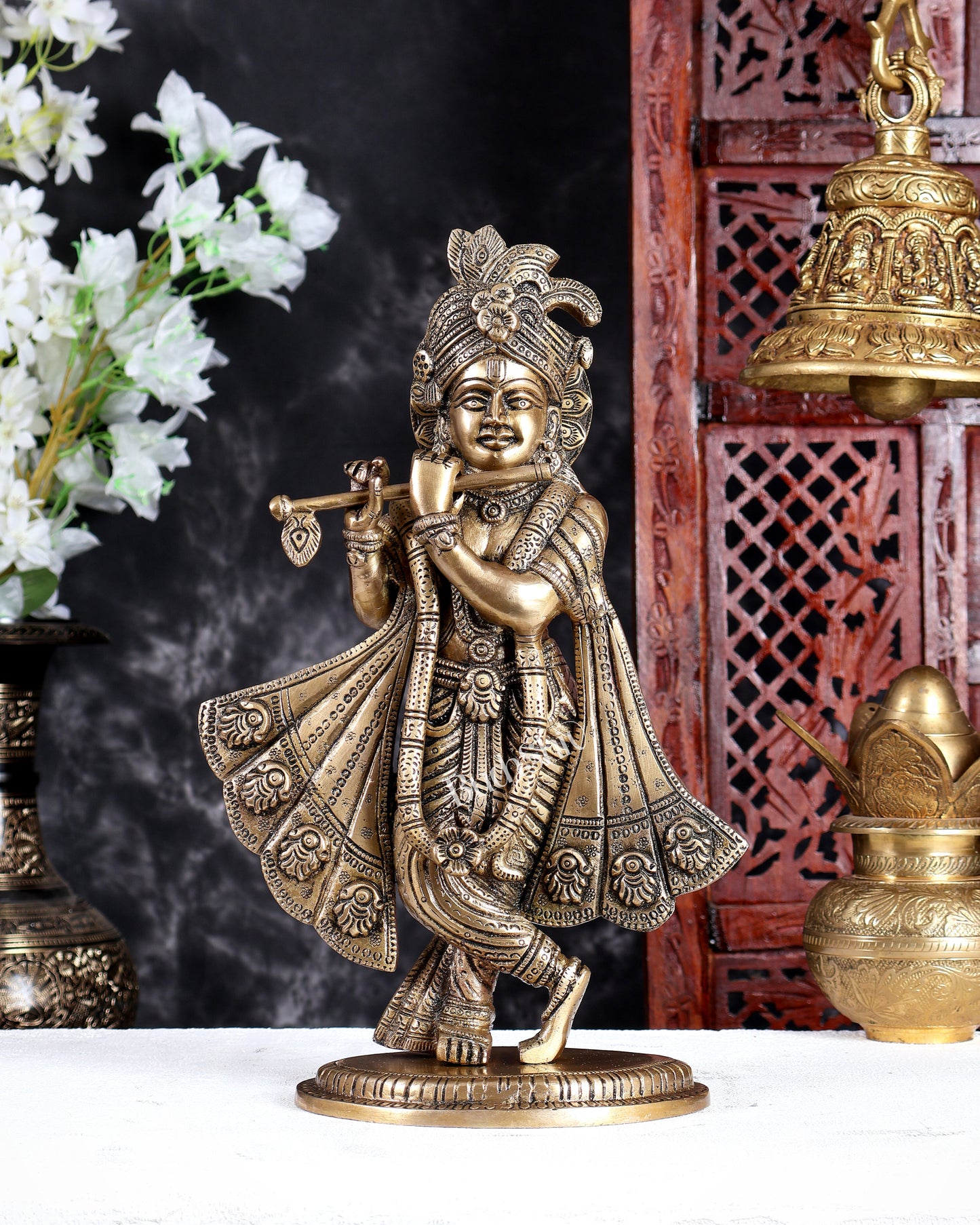 Antique Brass Lord Krishna Statue – Handcrafted Divine Sculpture 14.5 inch