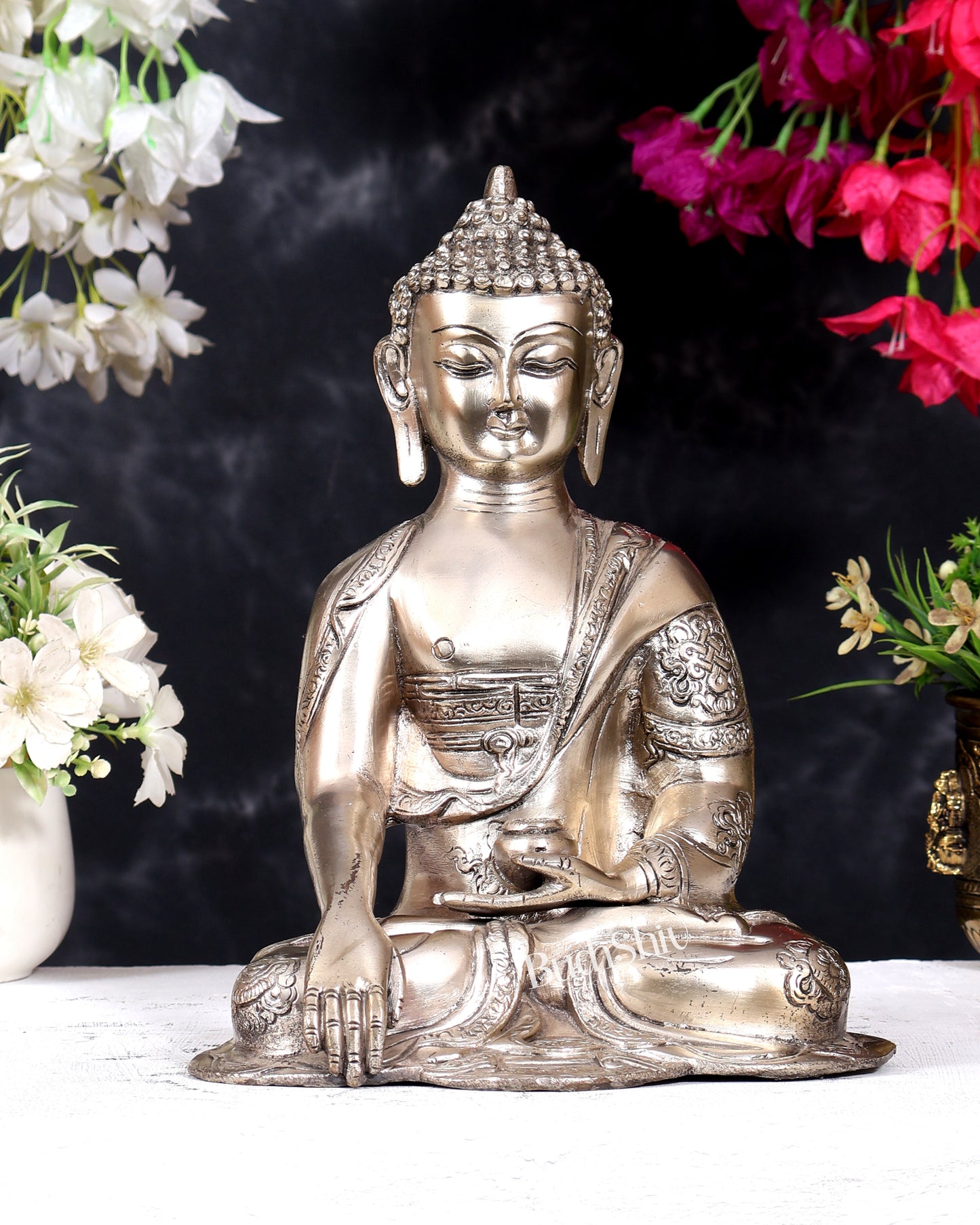 Brass Buddha Idol with Abhaya Mudra - 10 Inch silver plated
