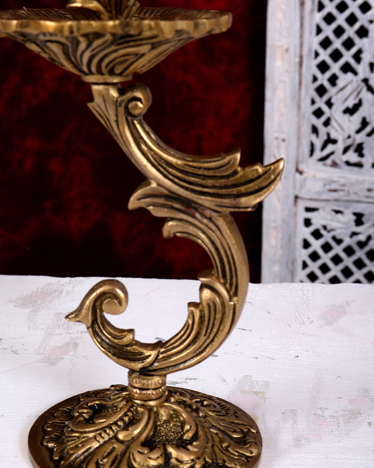 Brass Floral Design Candle Stand — English Style 9 inch