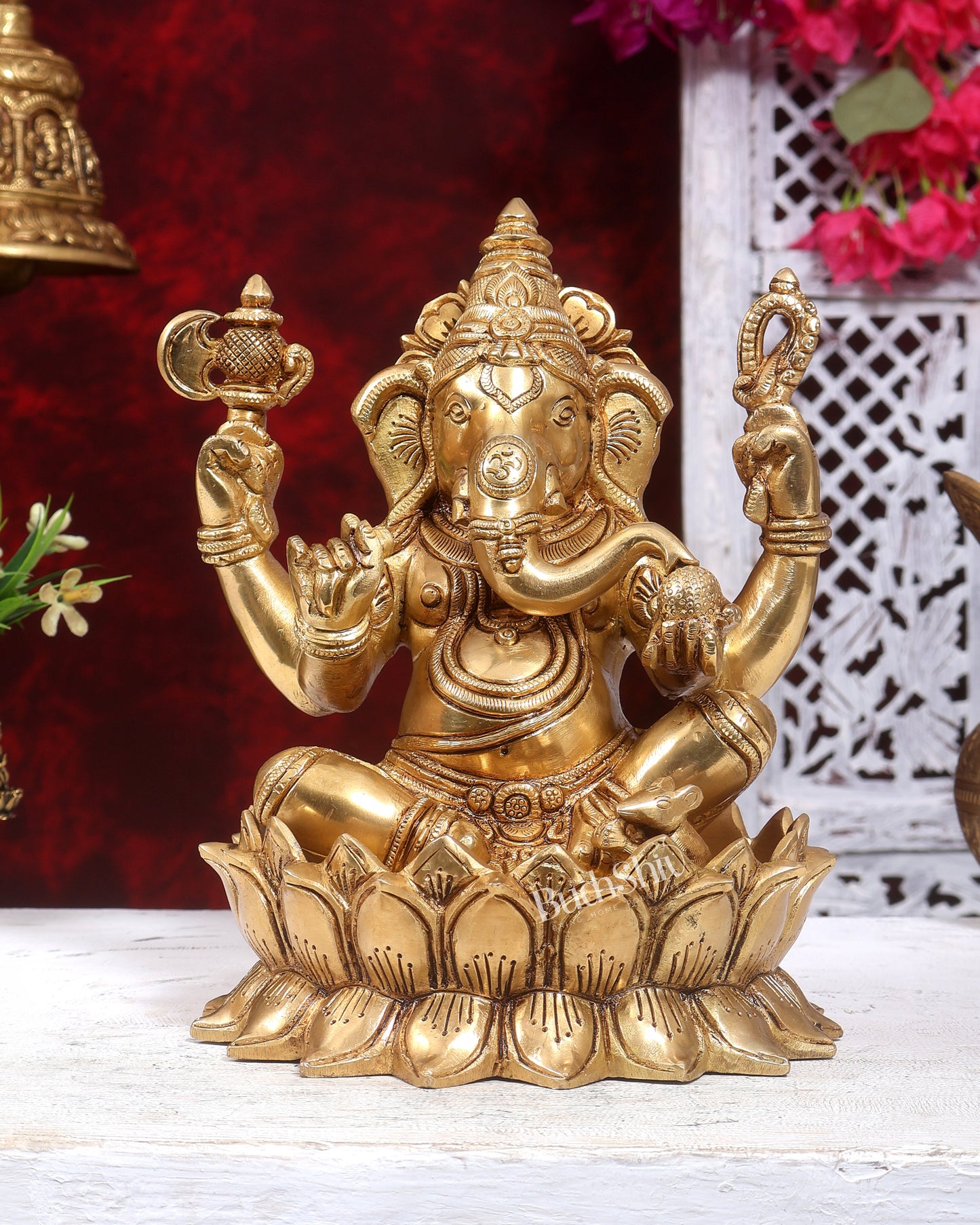 Brass Ganesha on Lotus Statue  9.5 inch