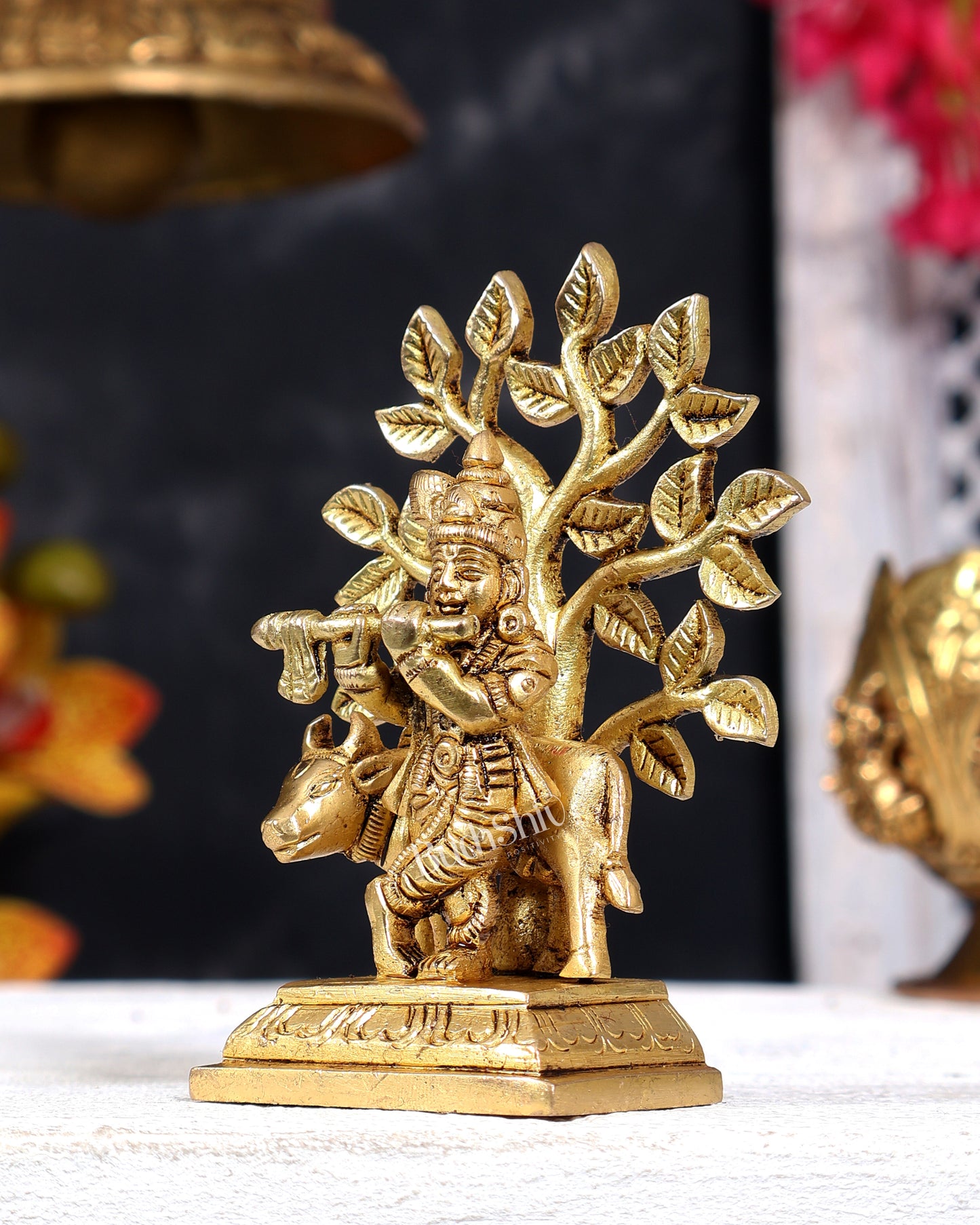 Brass Krishna with Cow and Tree Miniature 4 inch