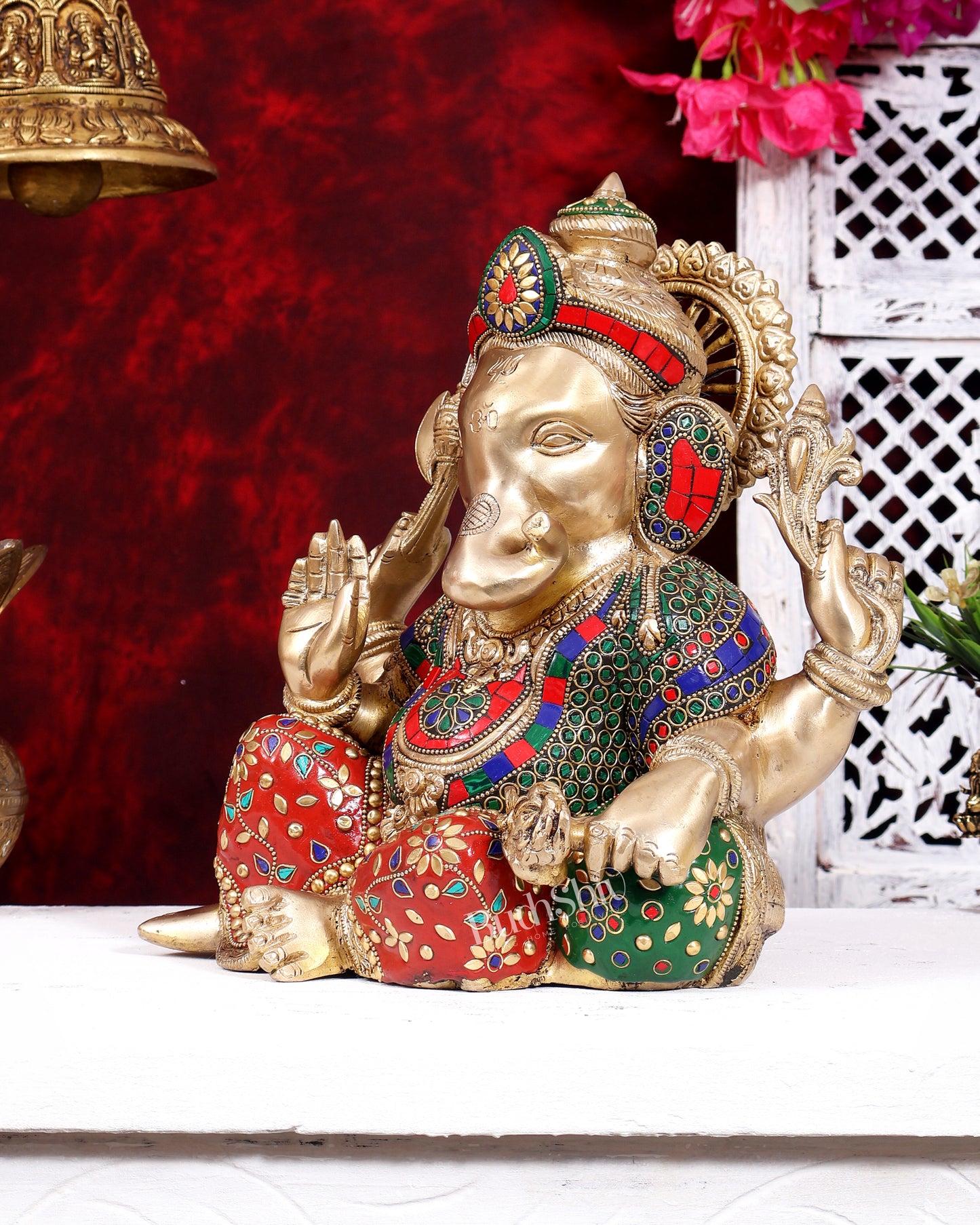 Brass Resting Ganesha Statue – Unique Relaxed Pose Divine Sculpture (11 Inch) with meenakari