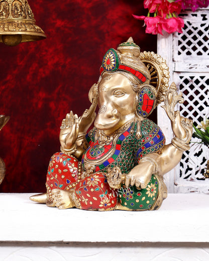 Brass Resting Ganesha Statue – Unique Relaxed Pose Divine Sculpture (11 Inch) with meenakari