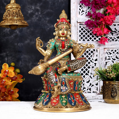 Brass Ganesha, Lakshmi, and Saraswati Idols on Lotus Base 15 inch with shringar and meenakari