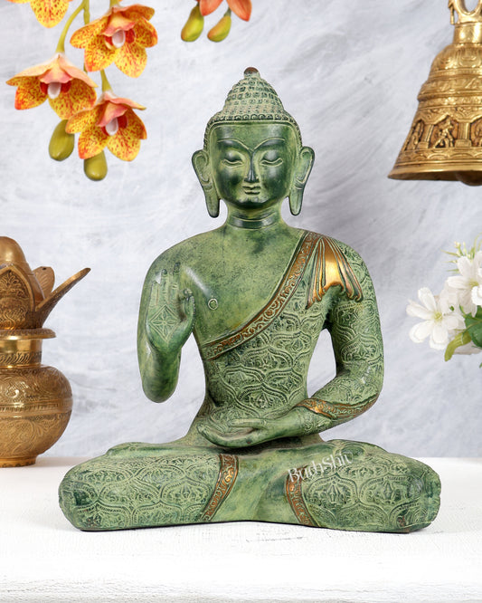 Brass Buddha Abhaya Mudra Statue – Green Sand Finish Patina Blessing Sculpture (11 Inches)