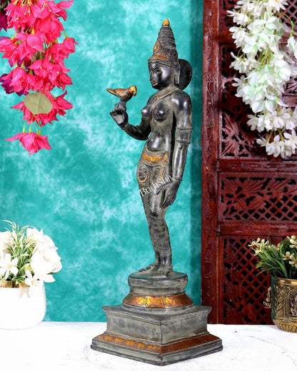 Vintage Brass Meenakshi Statue — Antique Patina Sand Finish 20 inch