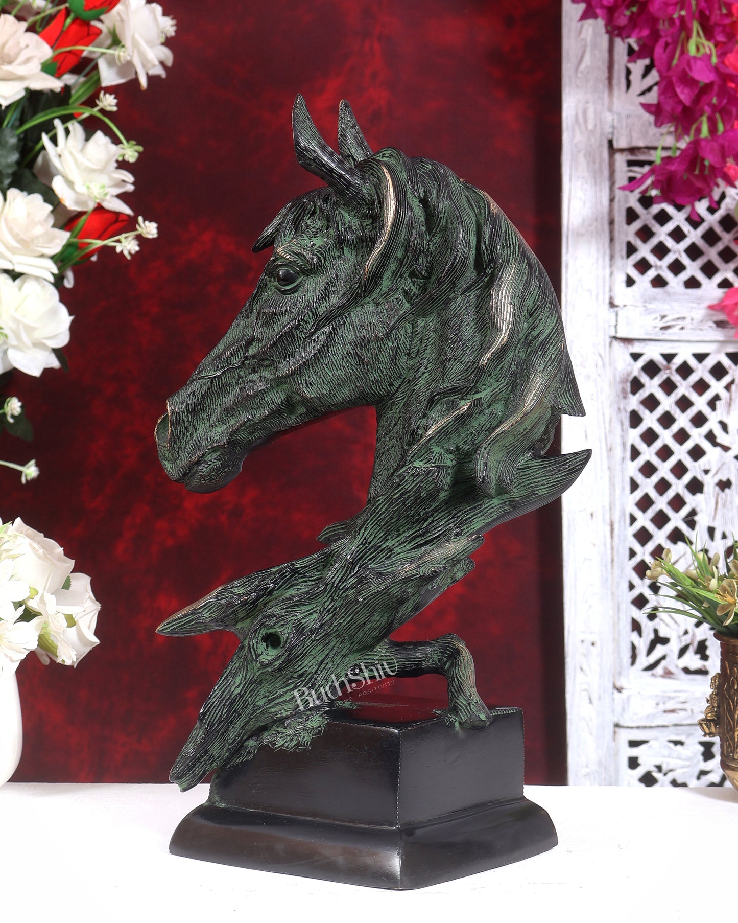 Brass Horse Face Decorative Showpiece (15 Inch) black and green