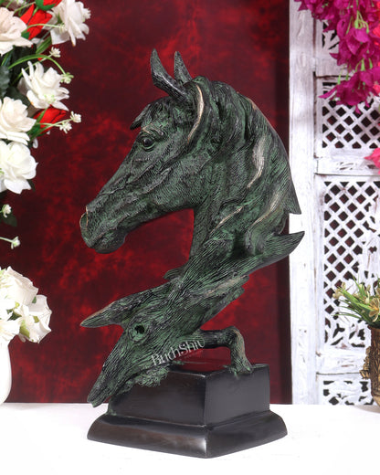 Brass Horse Face Decorative Showpiece (15 Inch) black and green