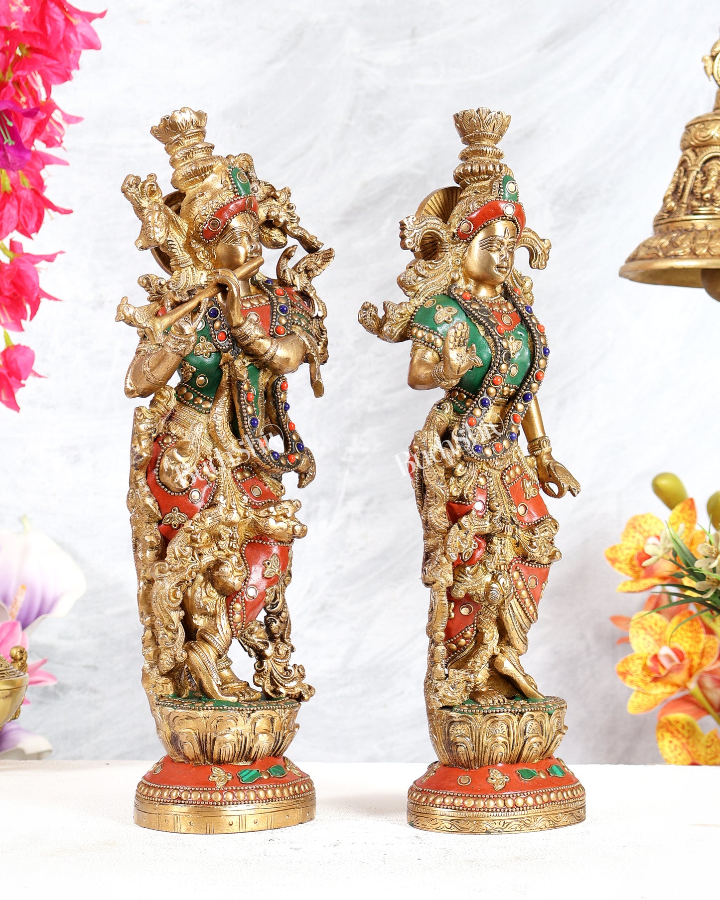 Brass Radha Krishna Statues 14 inch with meenakari