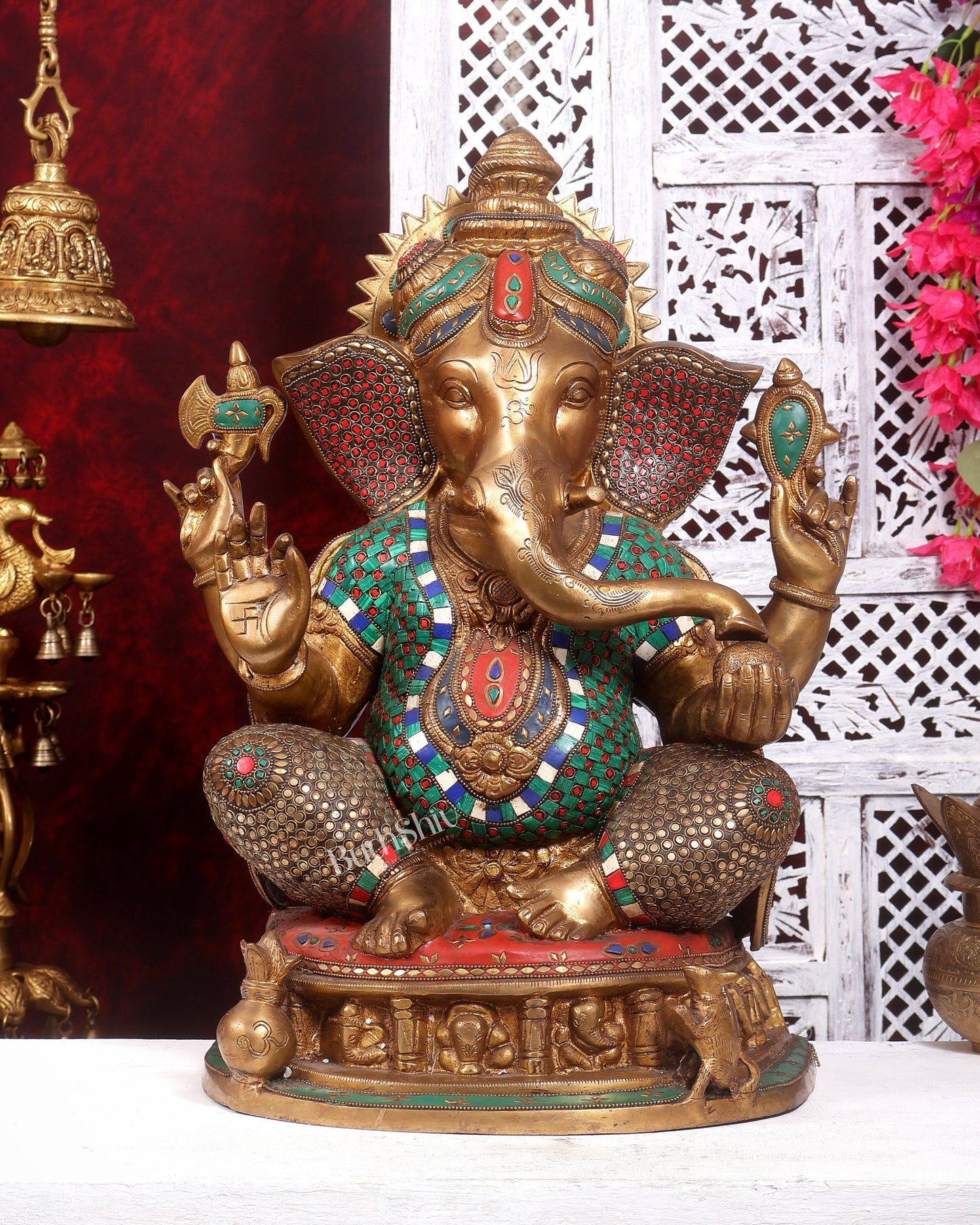 Pure Brass Large Ganesha Statue antique tone with Meenakari Stonework 22 inch