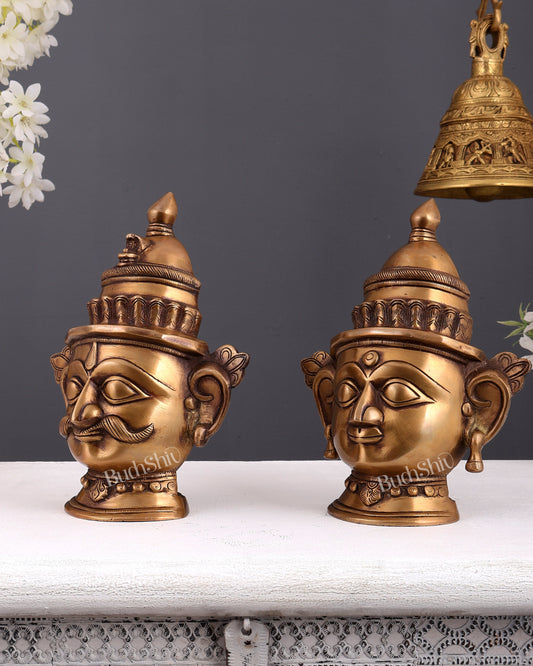 Brass Shiva and Gauri Mukhalingam face antique tone  | 9.5 inch