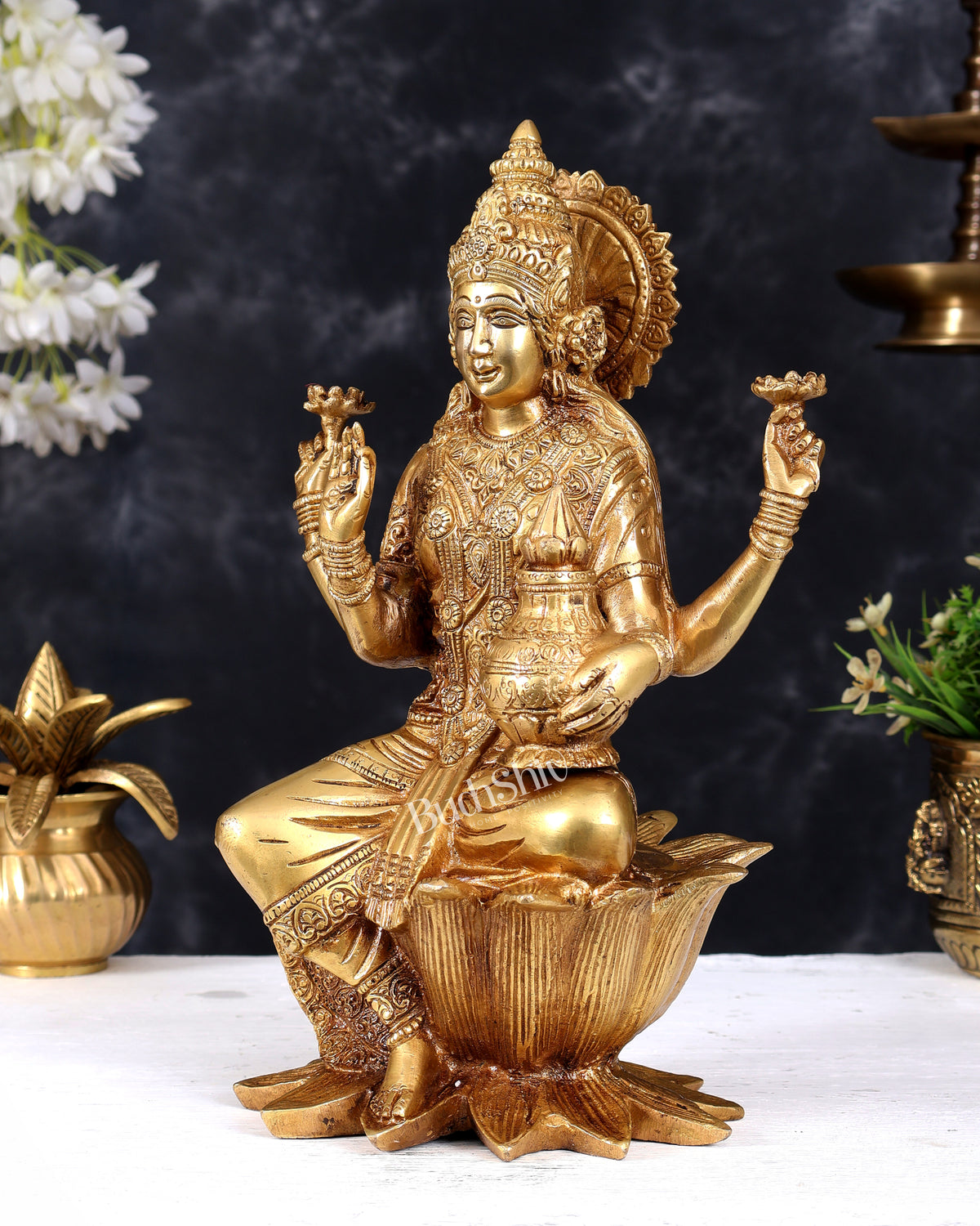 Pure Brass Goddess Dhan Lakshmi on lotus Idol - 12 inch