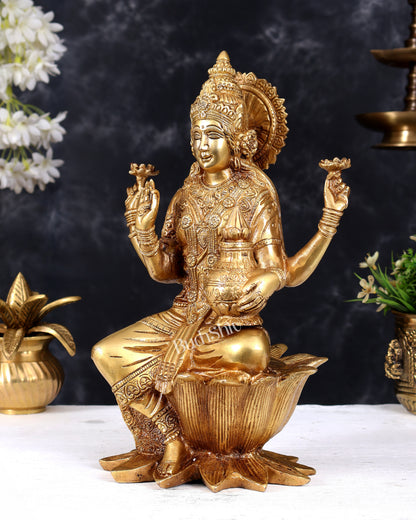 Pure Brass Goddess Dhan Lakshmi on lotus Idol - 12 inch