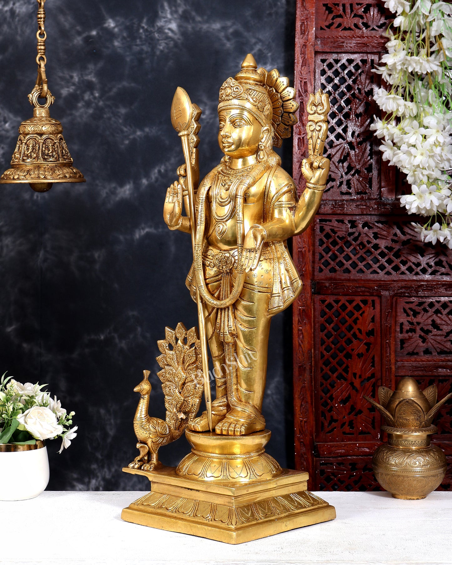 Brass Large Murugan Kartikeya Swamy with Peacock Statue | 25 Inch Pure Brass