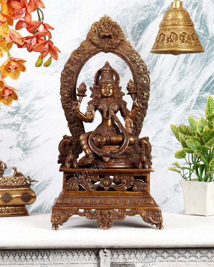 Antique Brass Goddess Lakshmi on Singhasan with Two Elephants – Grand Divine Prosperity Sculpture (20.5 Inches)