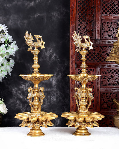 Brass Peacock Samai Oil Lamp Diya Pair – Traditional Multi-Wick Deepam Set 19.5 inch