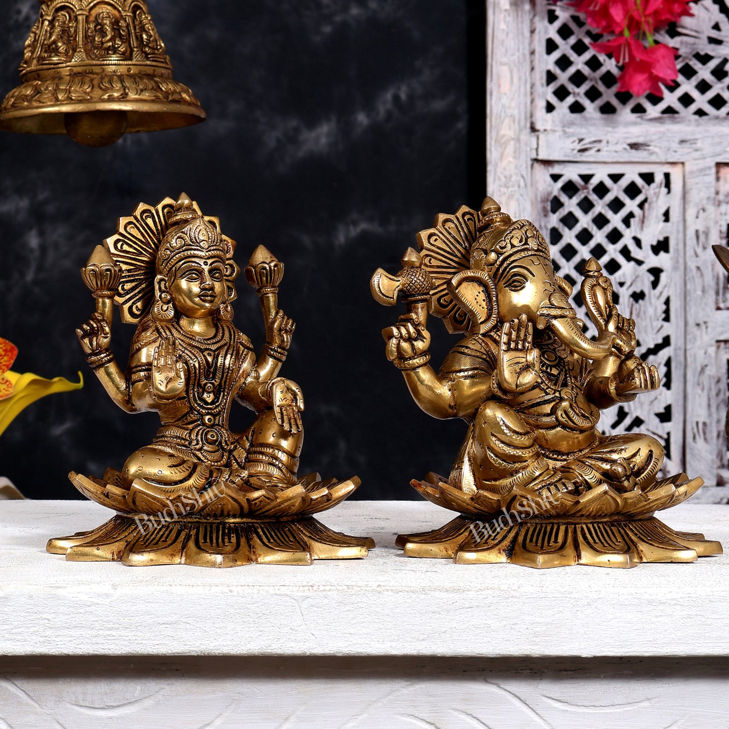 Brass Lord Ganesha and Goddess Lakshmi on Lotus — Pair, Crossed Legs 7 inch