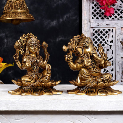 Brass Lord Ganesha and Goddess Lakshmi on Lotus — Pair, Crossed Legs 7 inch
