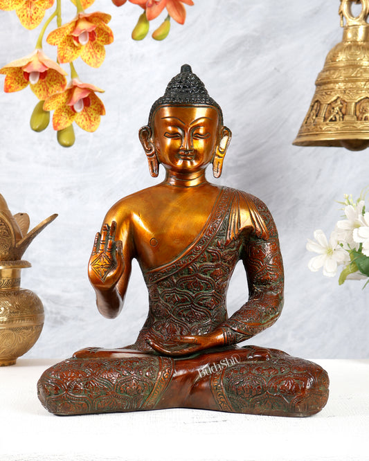 Brass Buddha Abhaya Mudra Statue – Chola Bronze Tone Blessing Sculpture (11 Inches)