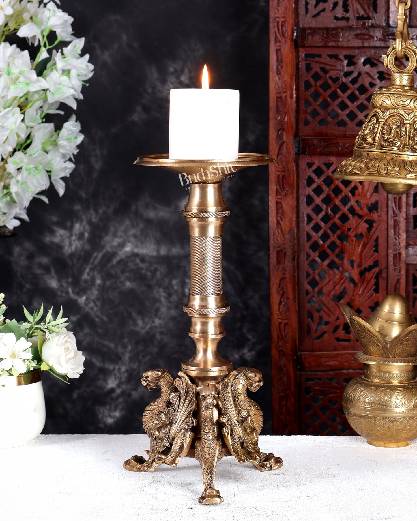 Brass Yali Candle Stand – Unique Mythical Guardian Design Decorative Holder (13 Inches)
