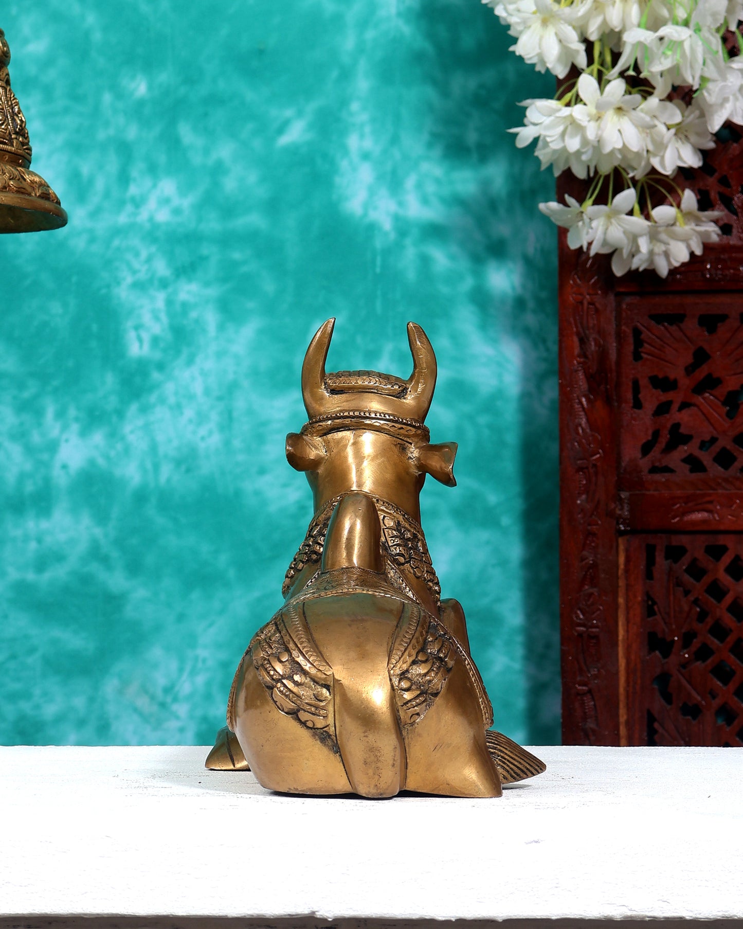 Pure Brass Nandi Bull Statue with Unique Lotus Carvings 10 inch