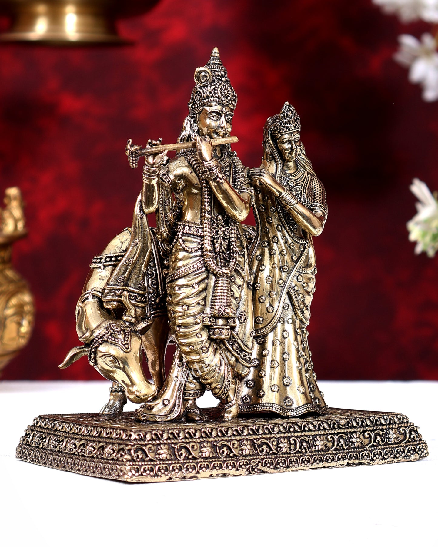 Brass Superfine Radha Krishna with Cow Idol 6 inch