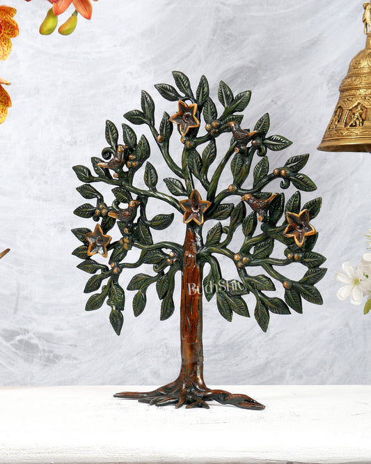 Brass Kalpavriksha Tree Standing Sculpture – Three Tone Brown, Green & Gold Antique Finish (13 Inches)