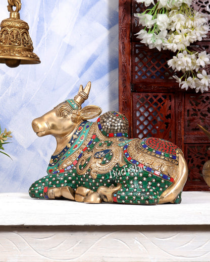 Superfine Brass Sitting Nandi Statue - 13.5 inch with Stonework