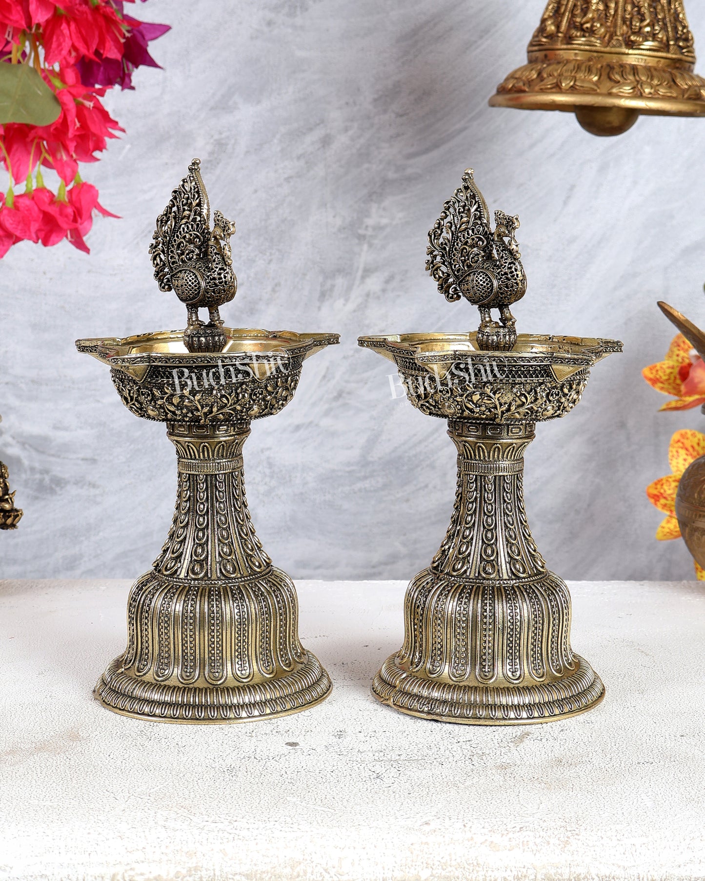 Brass Superfine Annam Pakshi Samp Oil Lamp Diya Pair – Traditional South Indian Deepam Set 9.5 inch
