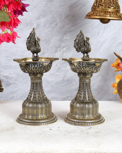 Brass Superfine Annam Pakshi Samp Oil Lamp Diya Pair – Traditional South Indian Deepam Set 9.5 inch