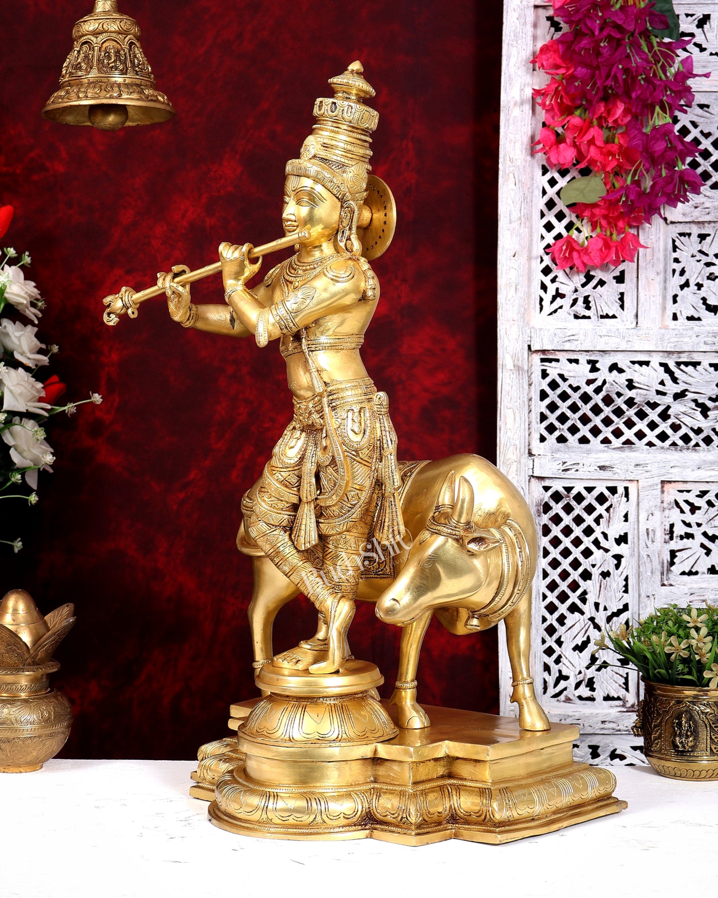 Brass Krishna with cow sleek and simple Sculpture 27 inch