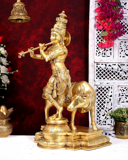 Brass Krishna with cow sleek and simple Sculpture 27 inch