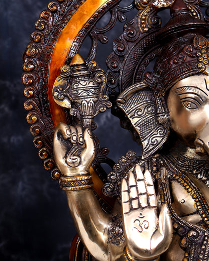 Pure Brass Ganesha large Idol 26 inch with Kirtimukha Prabhavali aureole three tone finish