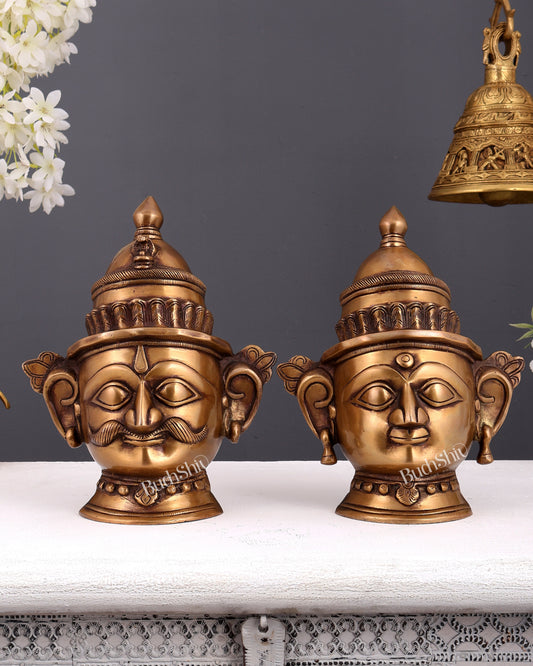 Brass Shiva and Gauri Mukhalingam face antique tone  | 9.5 inch