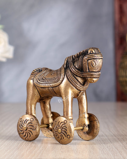Brass Small Horse with Wheels – Traditional Showpiece & Ancient Toy 3.5 inch