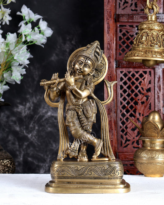 Unique Brass Lord Krishna Statue in Antique Tone – Handcrafted Divine Sculpture 13.5 inch
