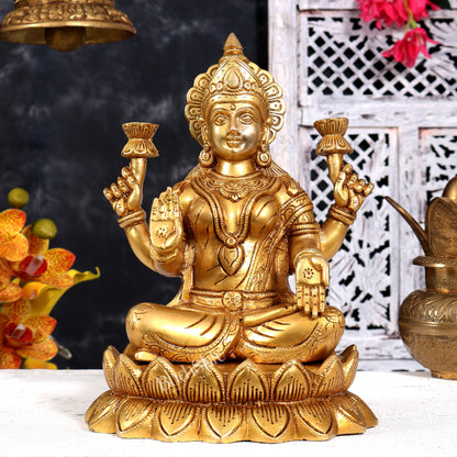 Brass Ganesha Lakshmi Saraswati on Lotus — Idol Set 10.5 inch