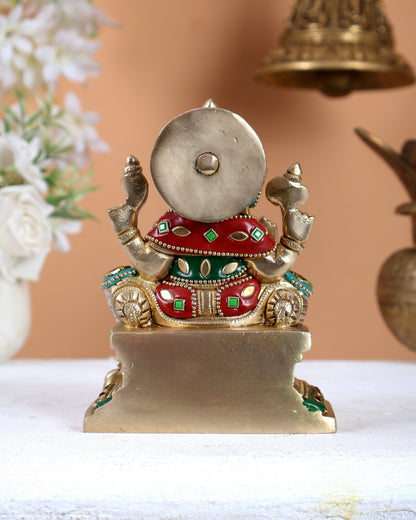 Brass Raja Ganesha on Throne Idol – Royal Handcrafted Lord Ganesha Sculpture 5.5 inch with Stonework