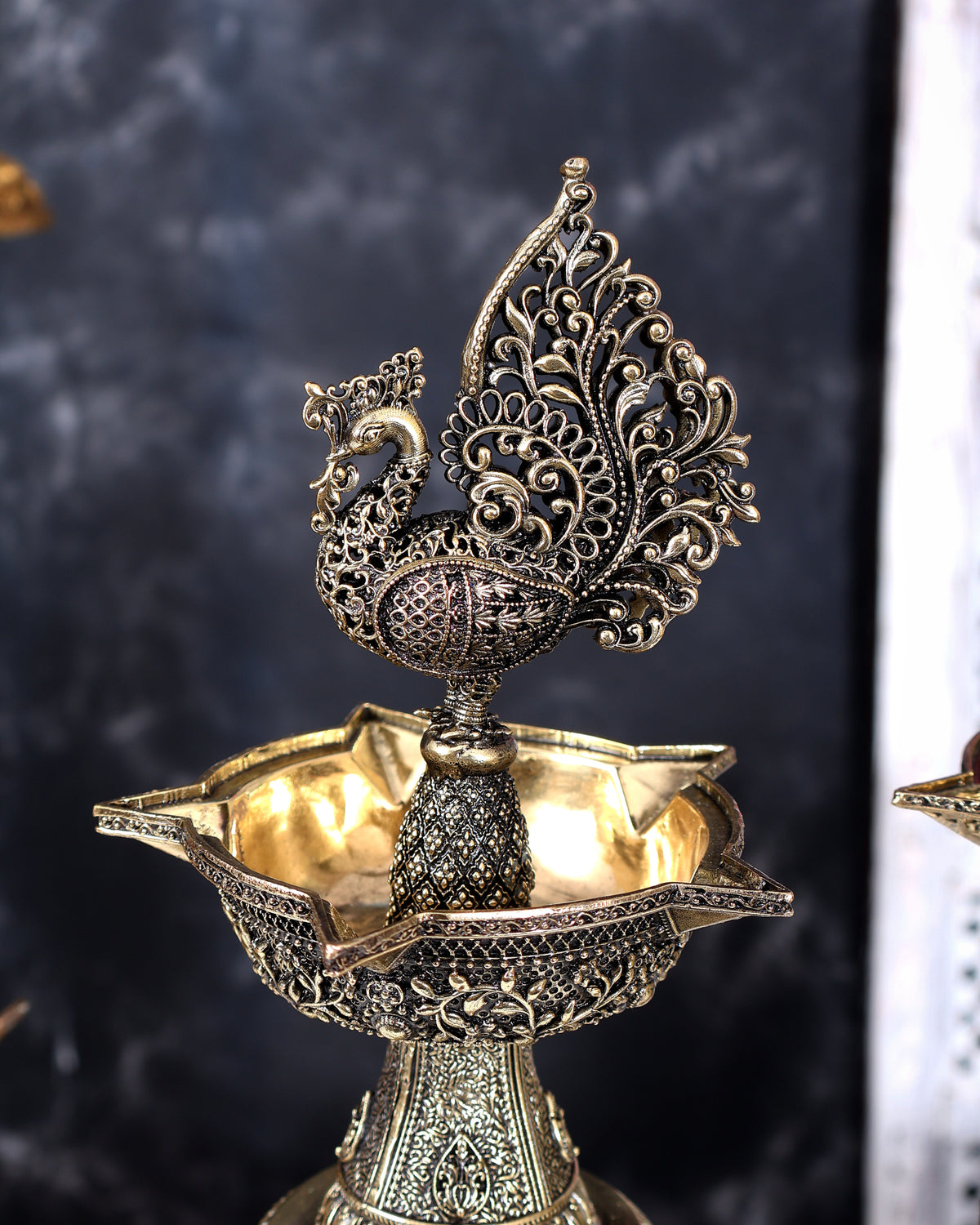 Brass Superfine Annam Pakshi Design Peacock Lamp with Ganesh Lakshmi Carvings 14 inch