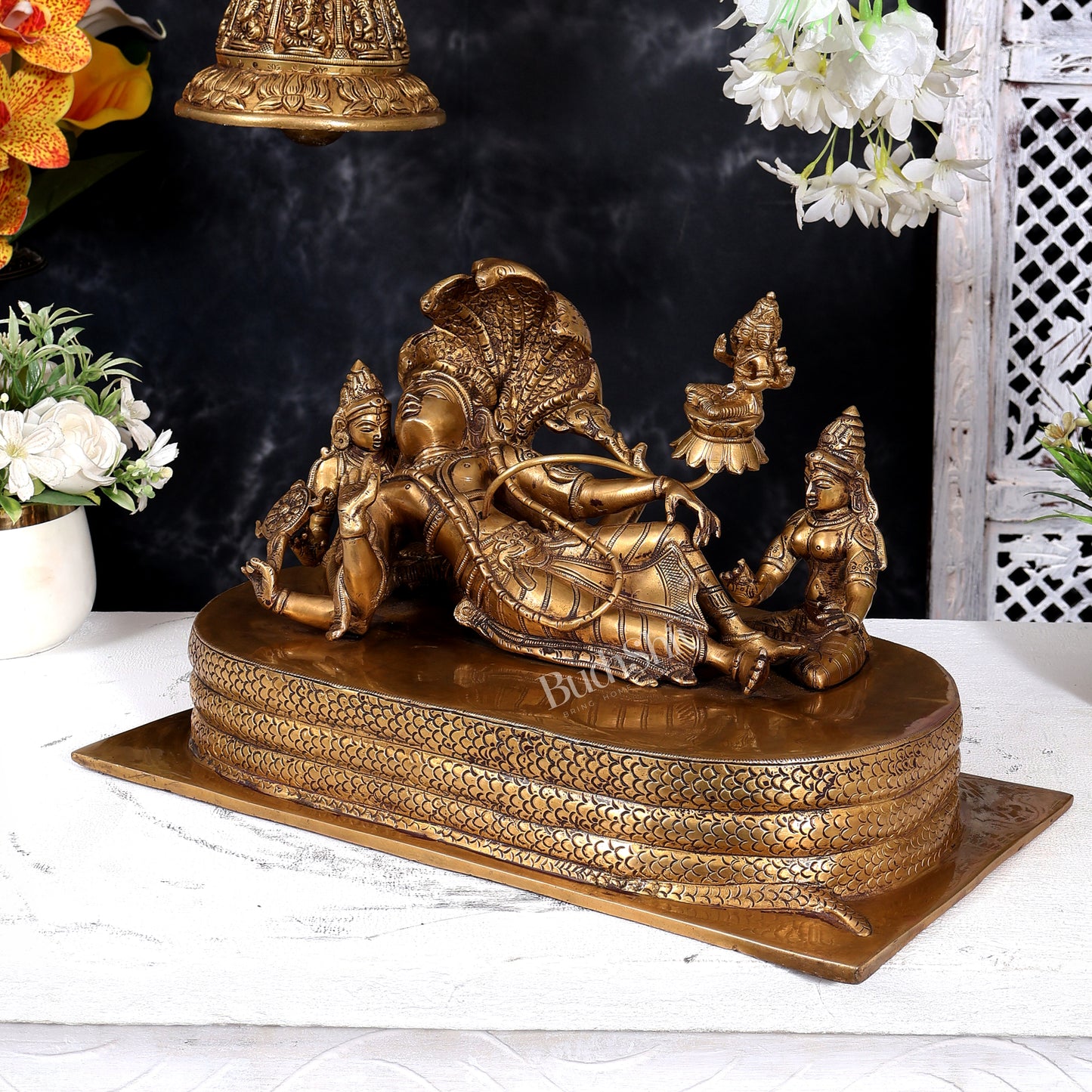 Brass Ananta Shayana Vishnu on Sheshanaag with Bhudevi, Sridevi & Brahma 15.5 inch wide