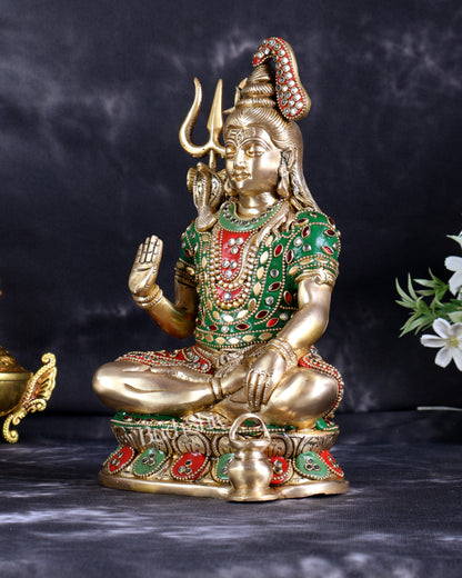 Brass Lord Shiva with Kamandal Statue – Blessing Mudra Divine Idol (10 Inch) with stonework