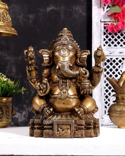 Brass Ganesha Unique Statue - Dull Gold Finish 11 inch