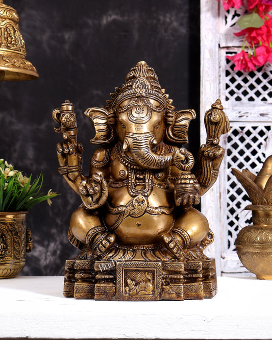 Brass Ganesha Unique Statue - Dull Gold Finish 11 inch