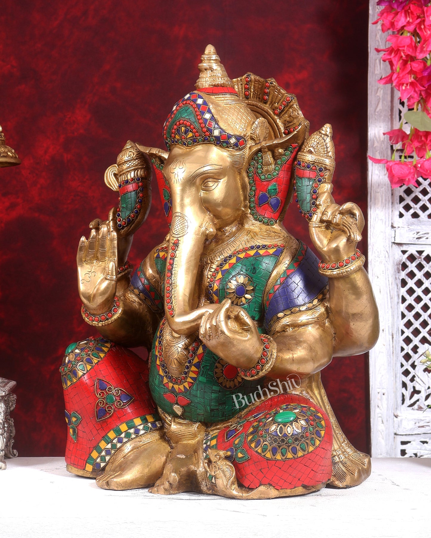 Pure Brass Lord Ganesha Statue - 20 Inch with stonework