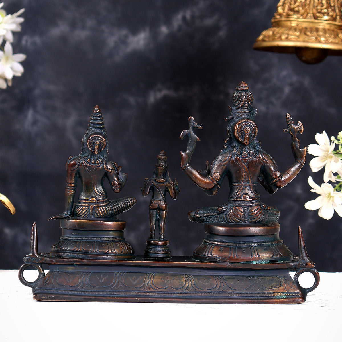 Brass Somaskanda Statue — Shiva, Parvati and Kartikeya Idol chola bronze tone 7 inch