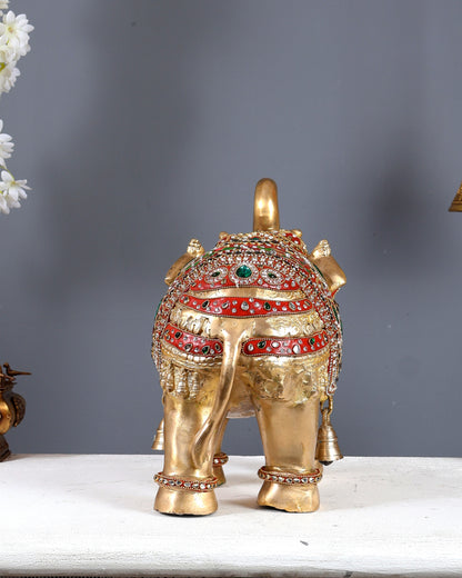Brass Maharaja Elephant Showpiece – Rajasthani Meenakari & Stone Work Royal Décor (15 Inch wide)