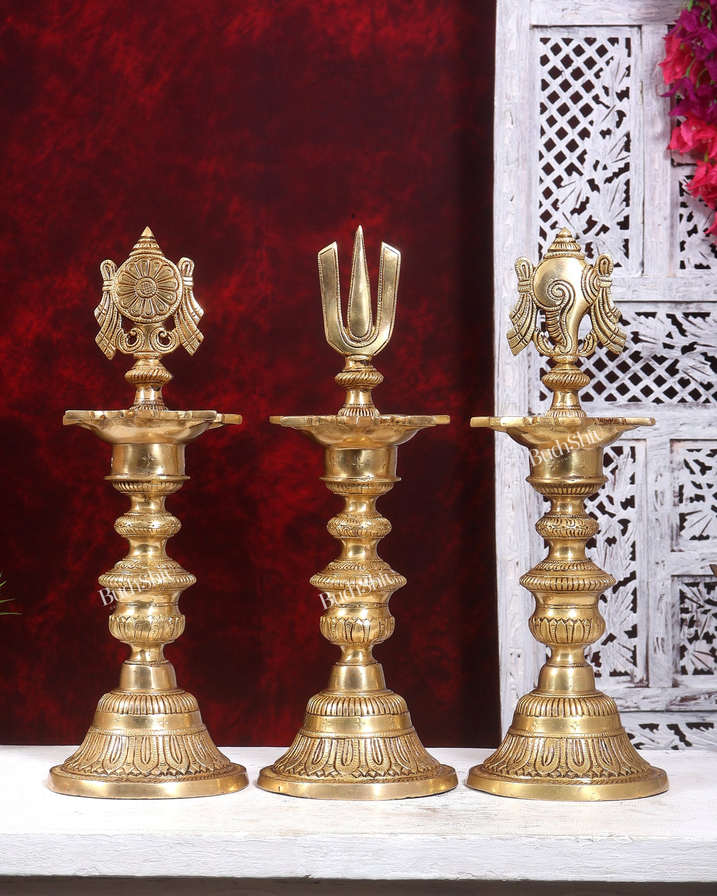 Premium Brass Shankh Chakra Namah Diya Vilakku 16.5 inch